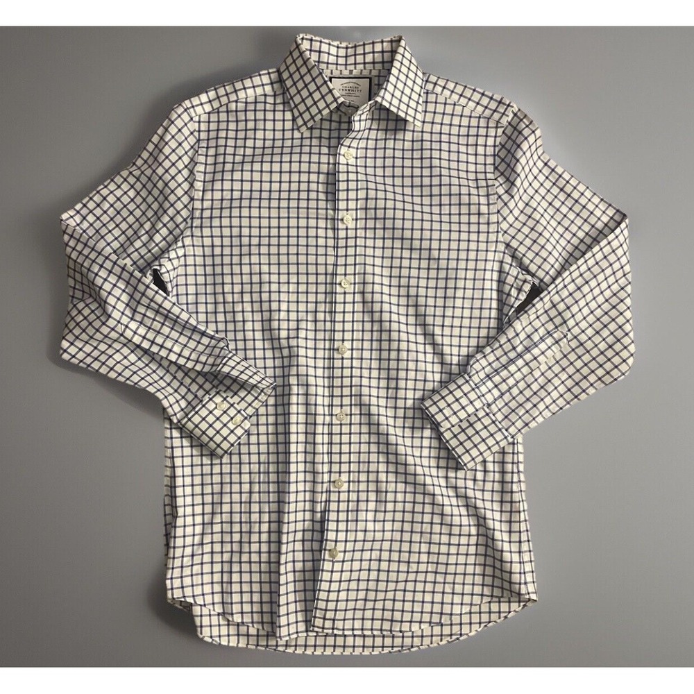Charles Tyrwhitt Button Up Shirt White Blue Plaid 15 1/2 33in (like Medium) JBHS